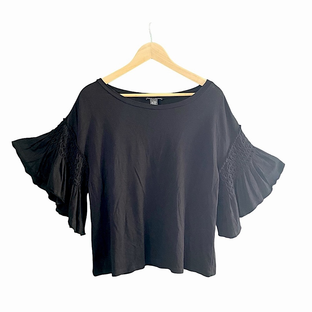 Chelsea & Theodore Women’s Large Black Shirt with Designed Ruffles on Sleeve
